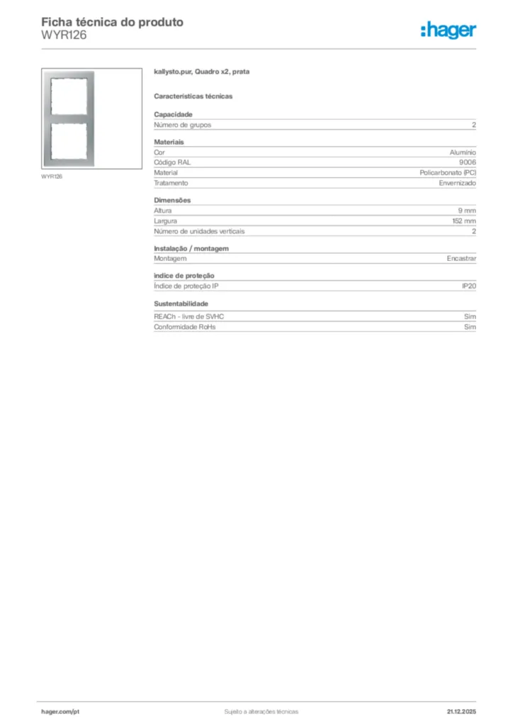 Imagem Hager Ficha técnica do produto WYR126 | Hager Portugal