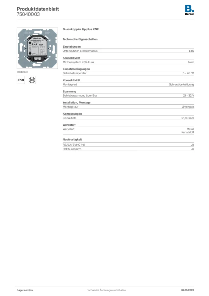 Bild Berker Produktdatenblatt 75040003 | Hager Deutschland