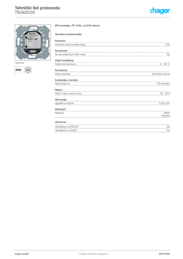 Slika Hager Product data sheet 75040003  | Hager