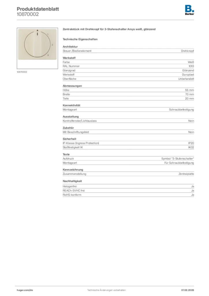 Bild Berker Produktdatenblatt 10870002 | Hager Deutschland