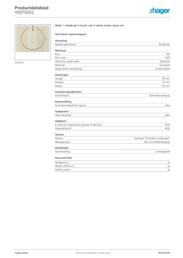 Afbeelding Hager Productdatablad 10870002 | Hager Nederland