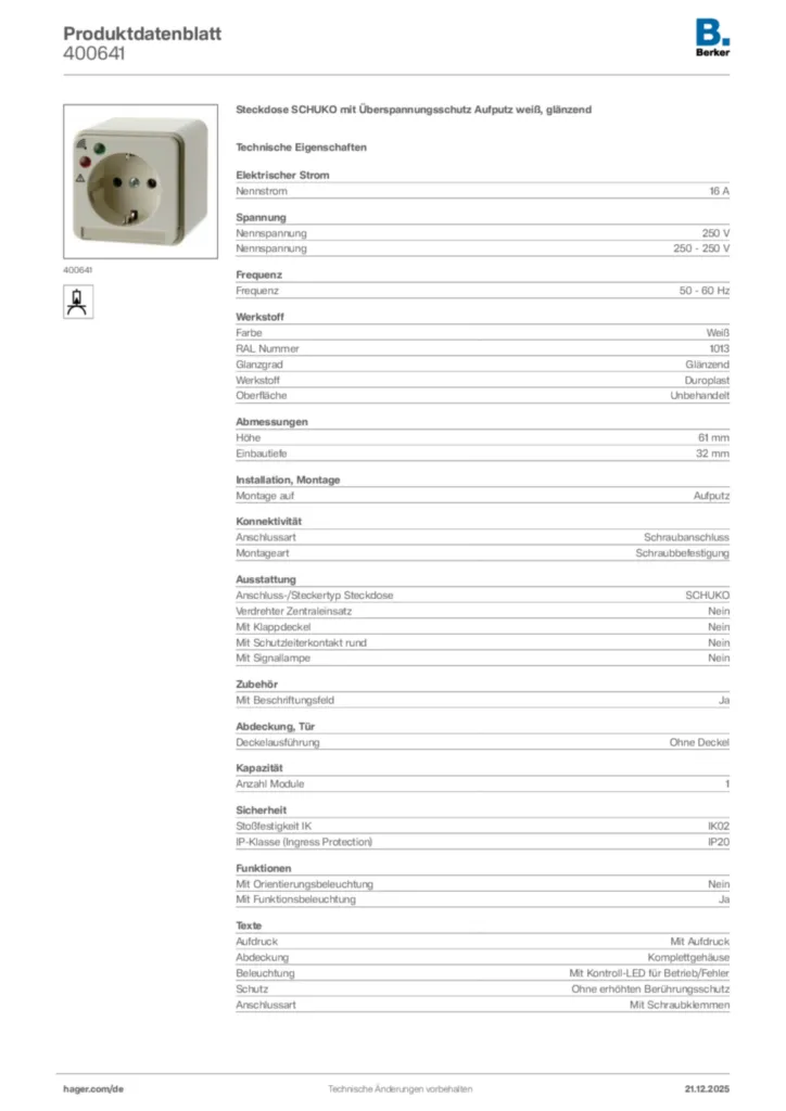 Bild Berker Produktdatenblatt 400641 | Hager Deutschland