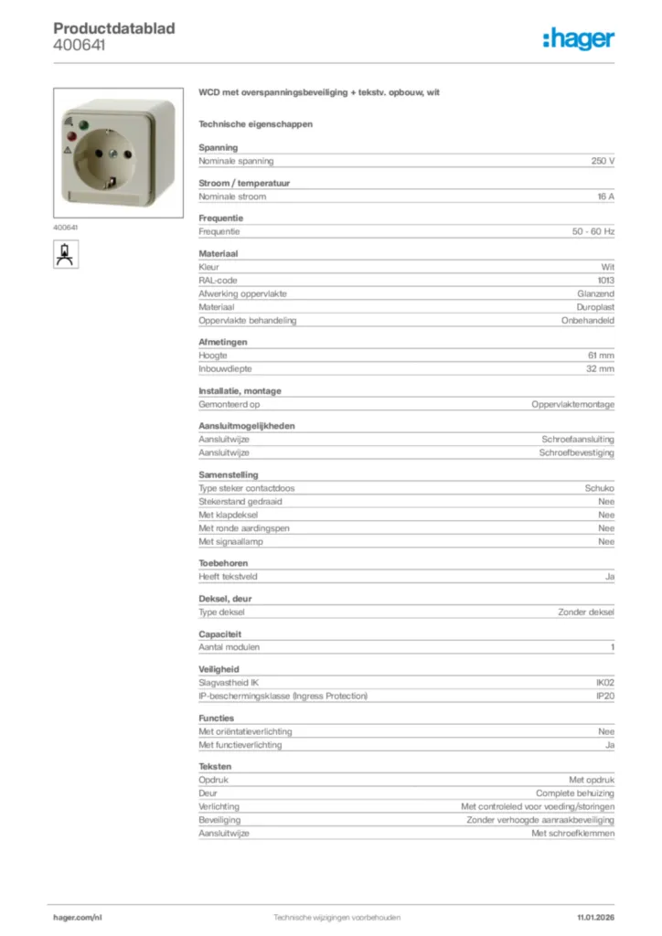 Afbeelding Hager Productdatablad 400641 | Hager Nederland