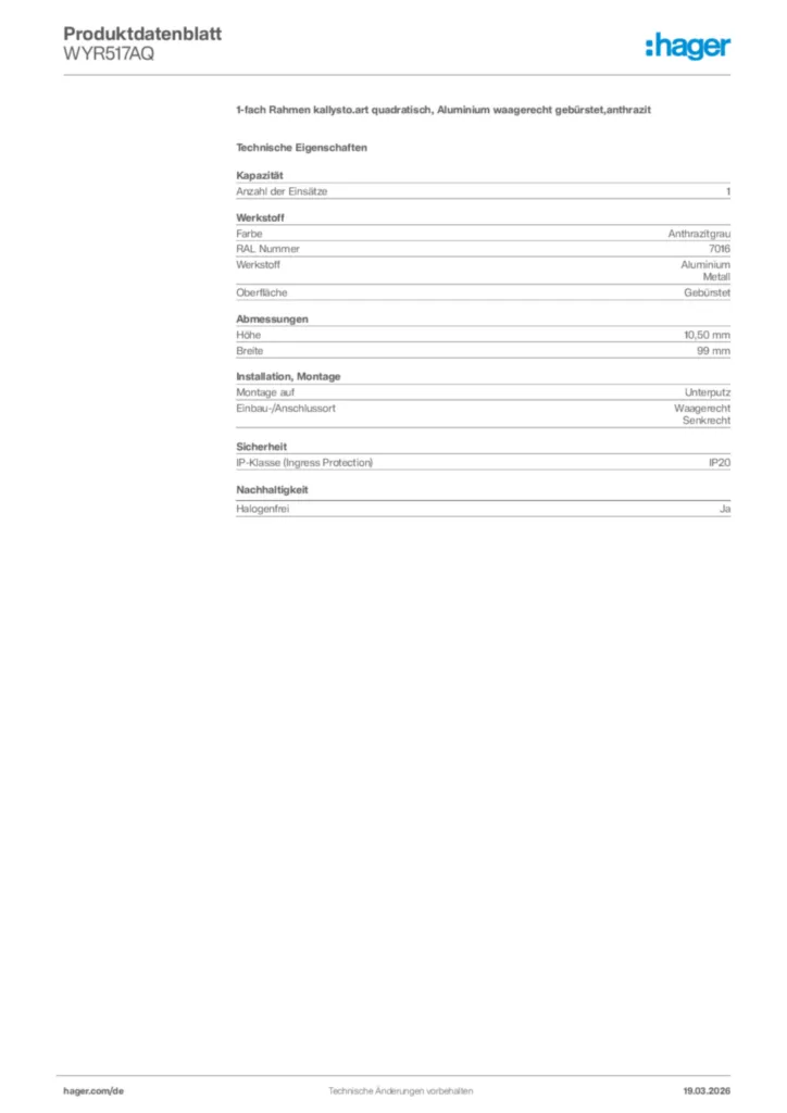Bild Hager Produktdatenblatt WYR517AQ | Hager Deutschland