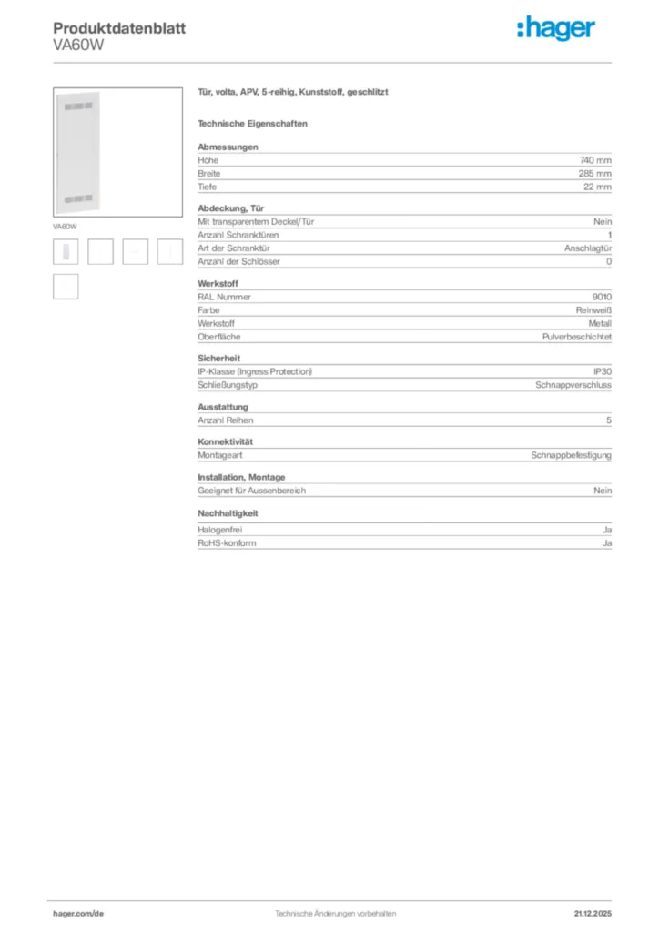Bild Hager Produktdatenblatt VA60W | Hager Deutschland