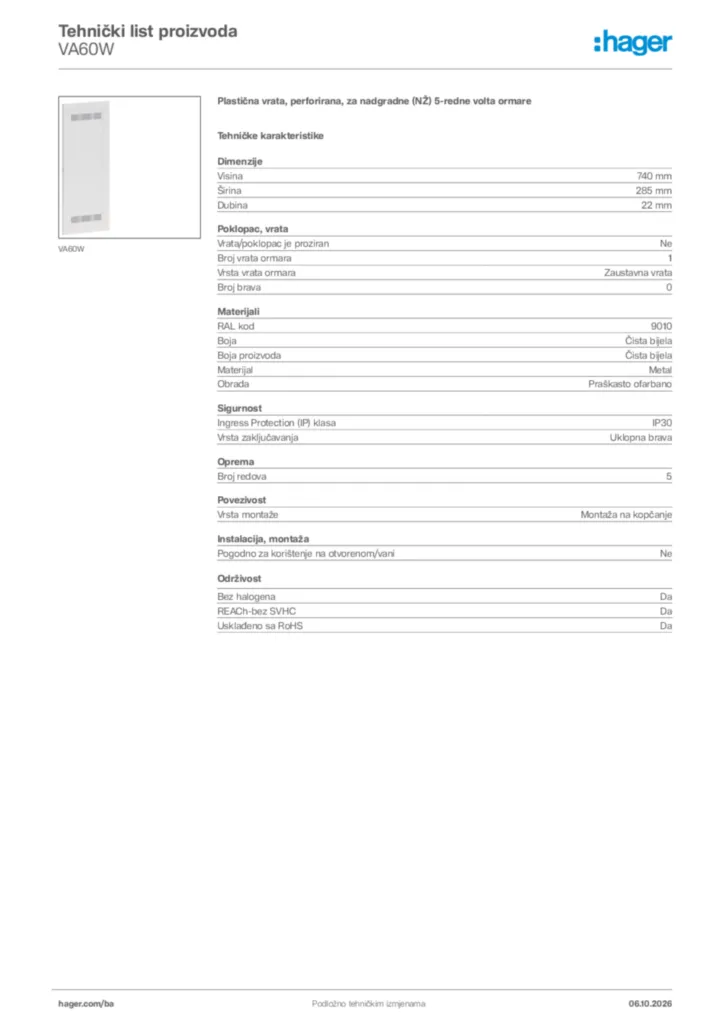 Slika Hager Tehnički list proizvoda VA60W  | Hager