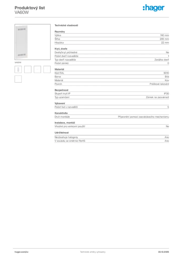 Obrázek Hager Produktový list VA60W | Hager