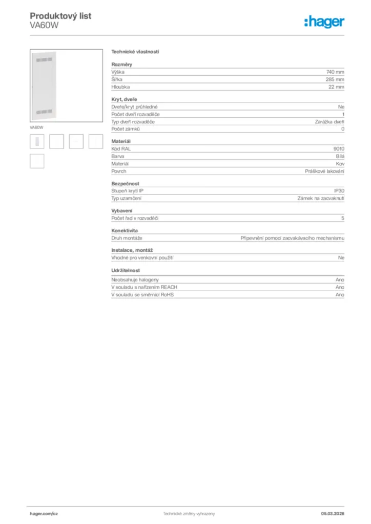 Obrázek Hager Product data sheet VA60W | Hager