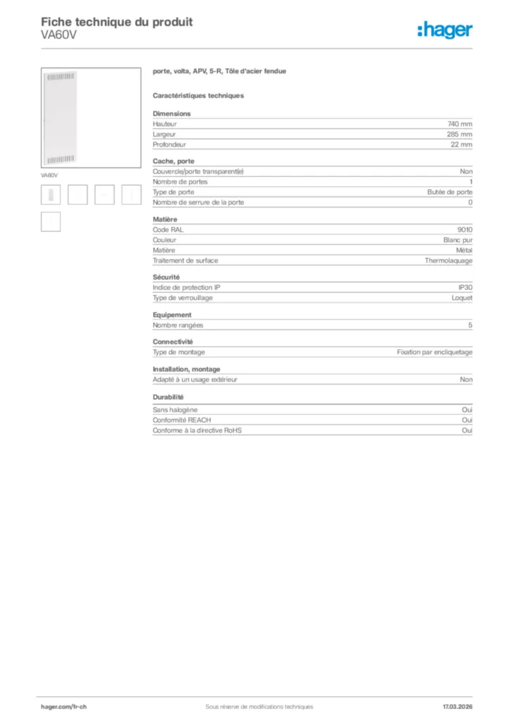 Image Hager Fiche technique du produit VA60V | Hager Suisse