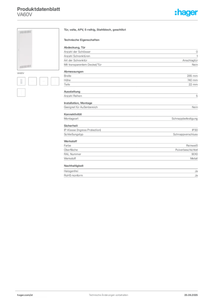 Bild Hager Produktdatenblatt VA60V | Hager Deutschland