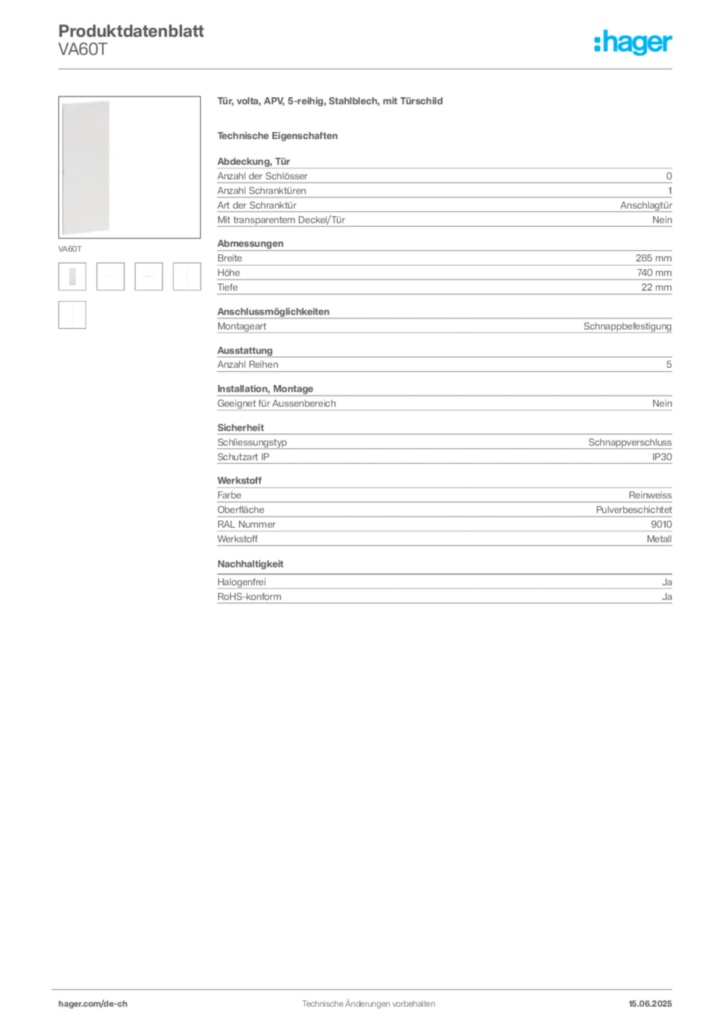 Bild Hager Produktdatenblatt VA60T | Hager Schweiz