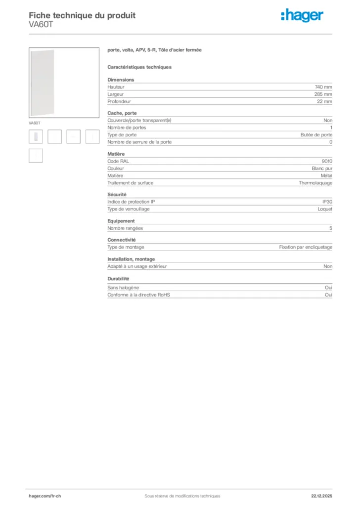Image Hager Fiche technique du produit VA60T | Hager Suisse