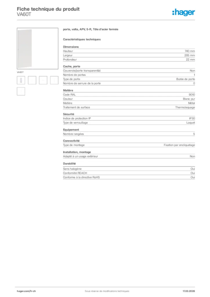 Image Hager Fiche technique du produit VA60T | Hager Suisse