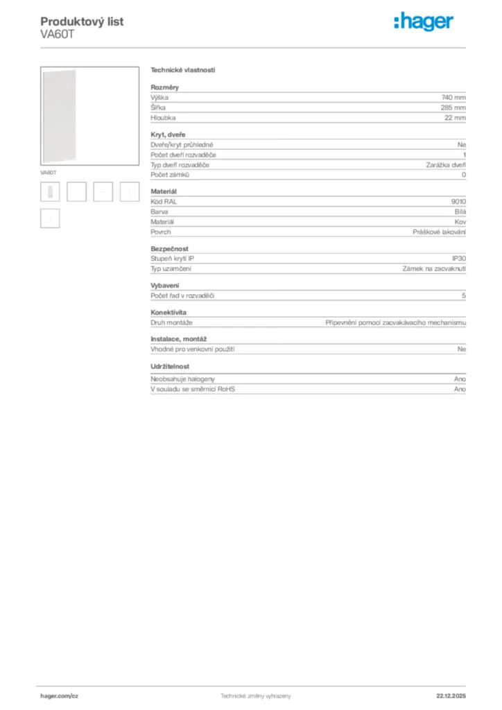 Obrázek Hager Produktový list VA60T | Hager