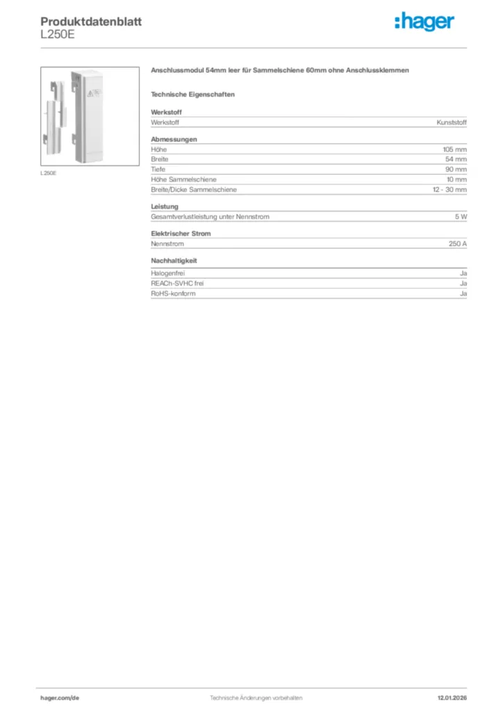 Bild Hager Produktdatenblatt L250E | Hager Deutschland