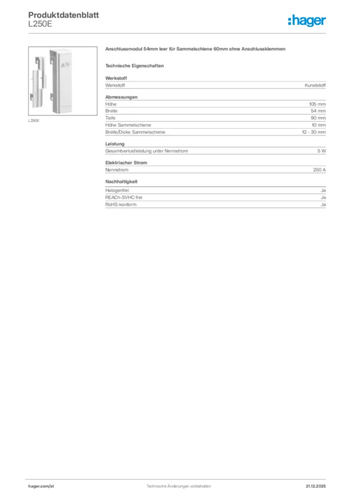 Bild Hager Produktdatenblatt L250E | Hager Deutschland