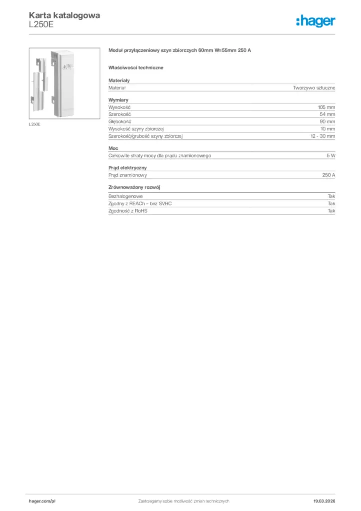 Zdjęcie Hager Karta katalogowa L250E | Hager Polska
