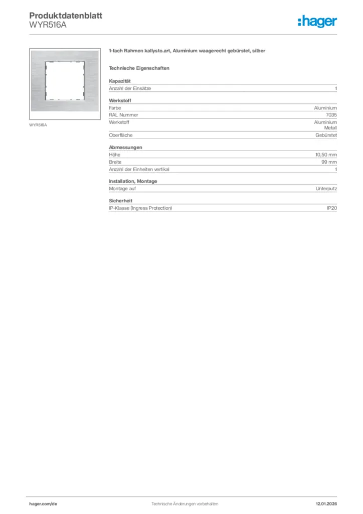 Bild Hager Produktdatenblatt WYR516A | Hager Deutschland