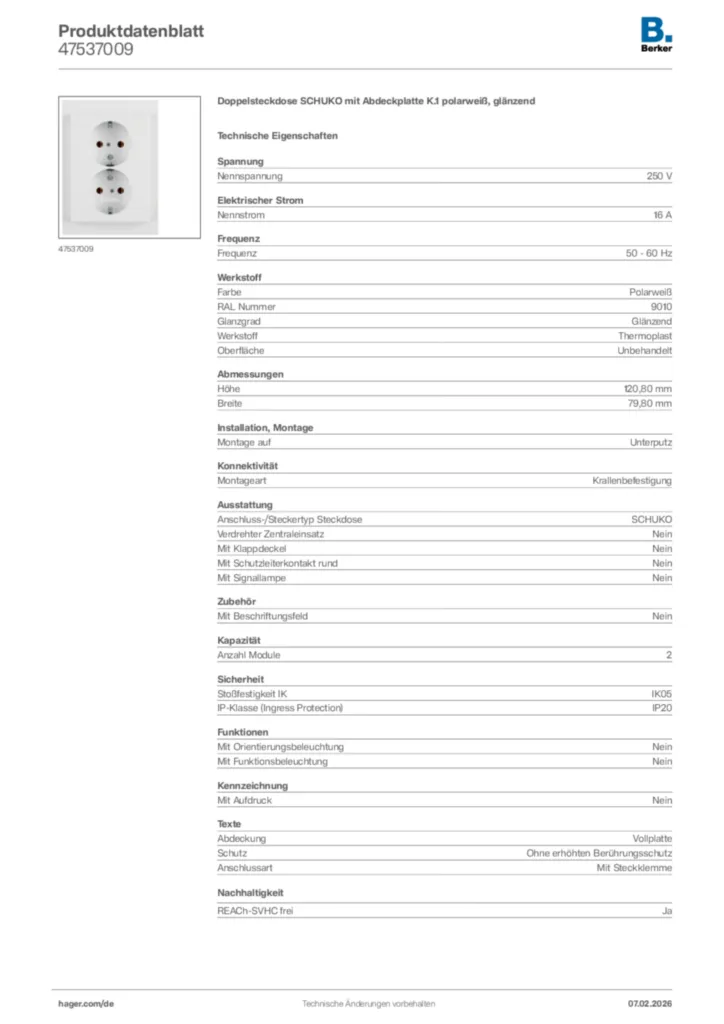 Bild Berker Produktdatenblatt 47537009 | Hager Deutschland
