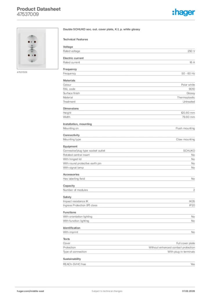 Image Hager Product data sheet 47537009  | Hager
