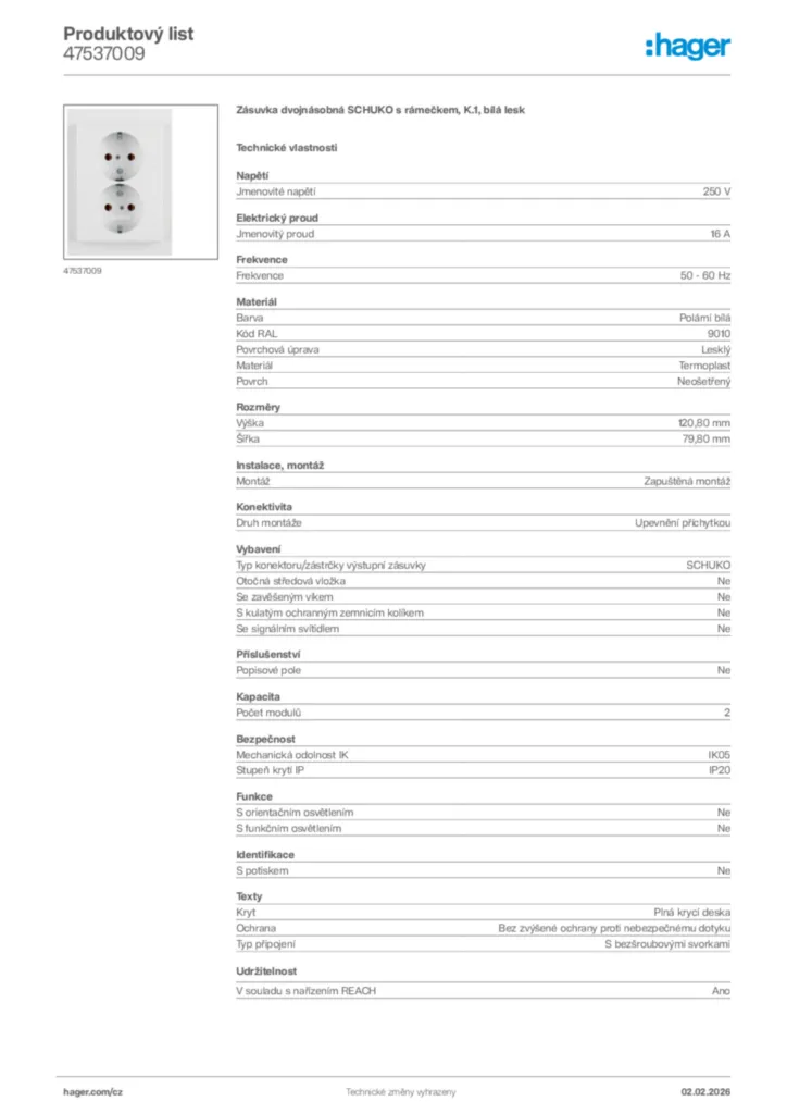 Obrázek Hager Product data sheet 47537009 | Hager