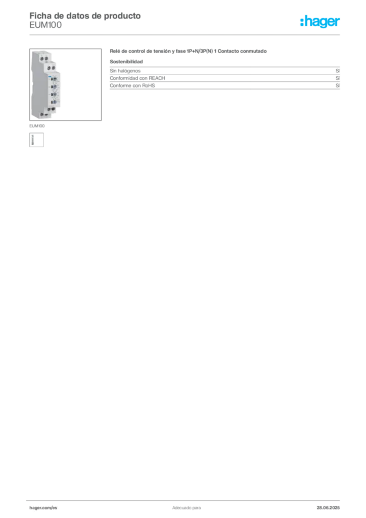 Imagen Hager Ficha de datos de producto EUM100 | Hager España