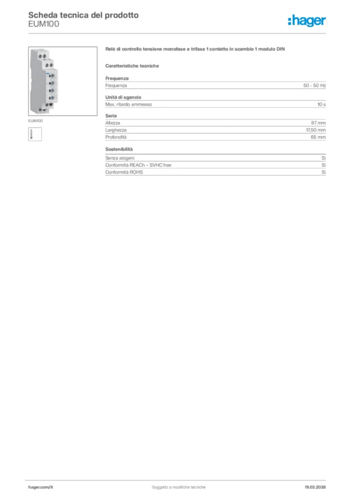 Immagine Hager Scheda tecnica del prodotto EUM100 | Hager Italia