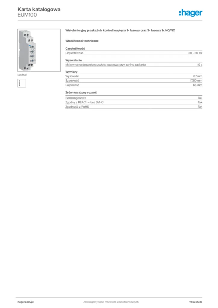 Zdjęcie Hager Karta katalogowa EUM100 | Hager Polska