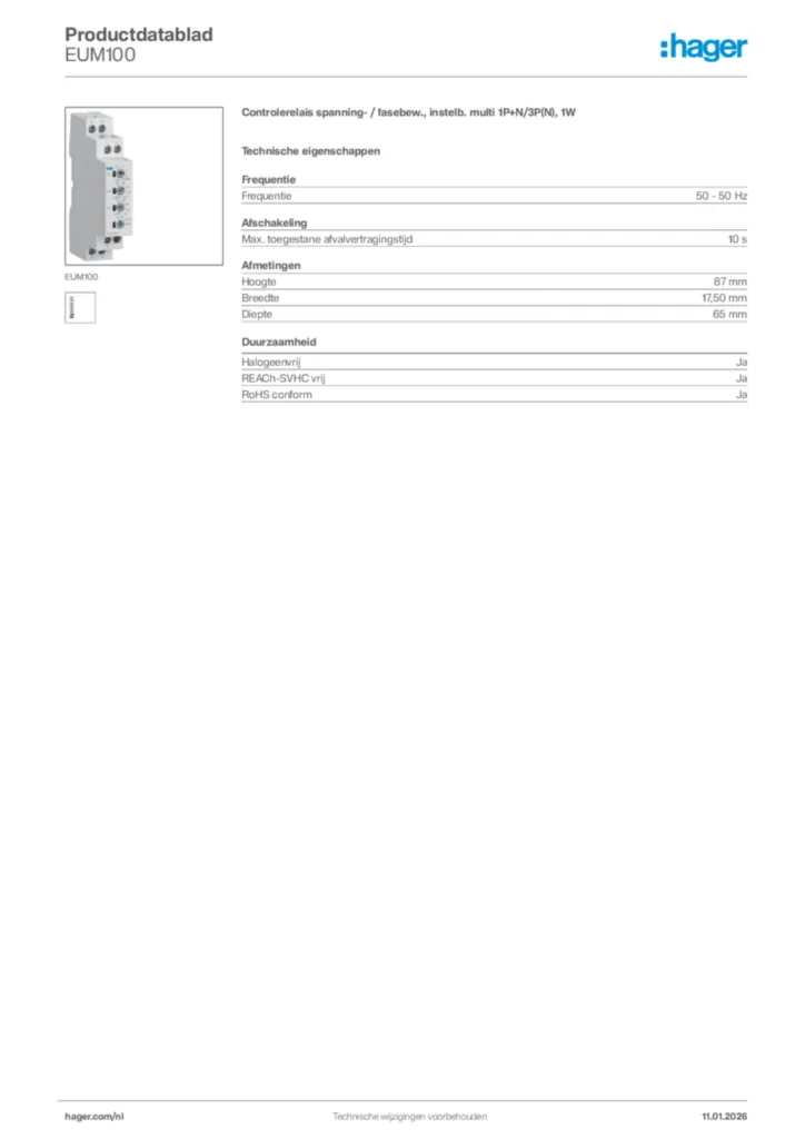 Afbeelding Hager Productdatablad EUM100 | Hager Nederland