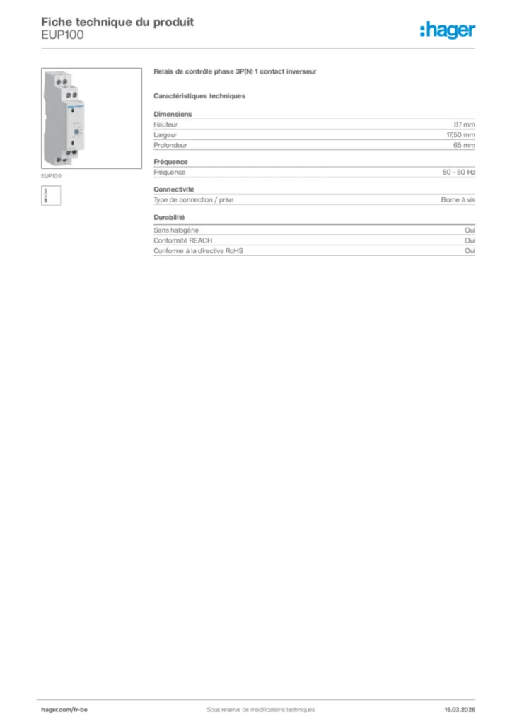 Image Hager Fiche technique du produit EUP100 | Hager Belgique