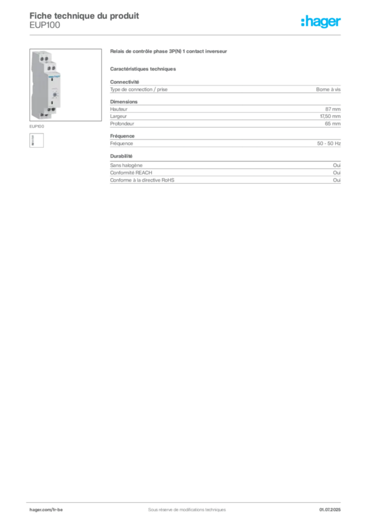 Image Hager Fiche technique du produit EUP100 | Hager Belgique