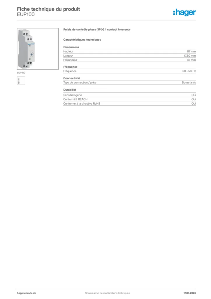 Image Hager Fiche technique du produit EUP100 | Hager Suisse