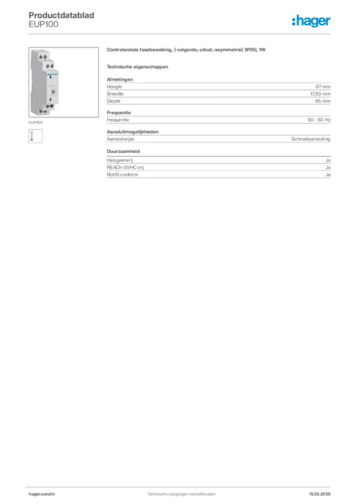 Afbeelding Hager Productdatablad EUP100 | Hager Nederland