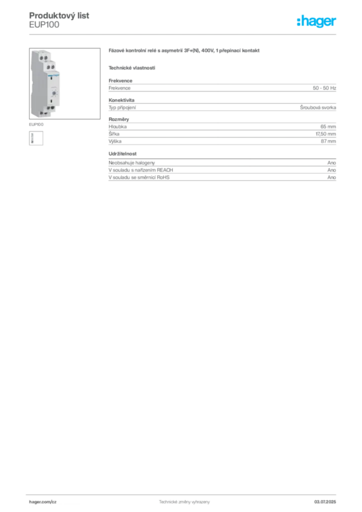 Obrázek Hager Produktový list EUP100 | Hager