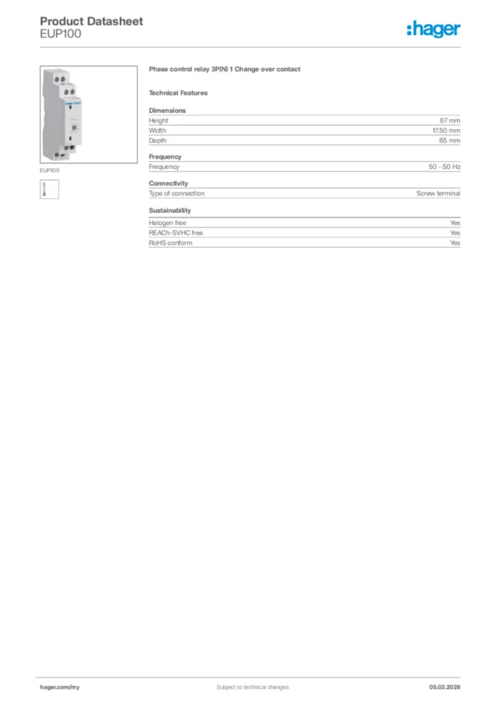 Image Hager Product data sheet EUP100  | Hager