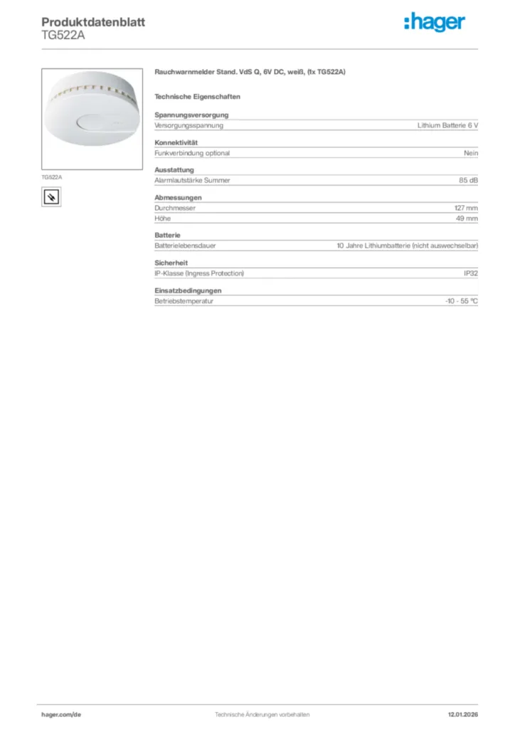 Bild Hager Produktdatenblatt TG522A | Hager Deutschland