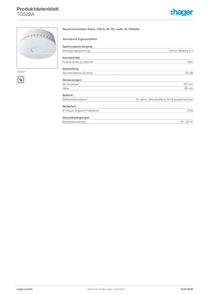 Bild Hager Produktdatenblatt TG522A | Hager Deutschland