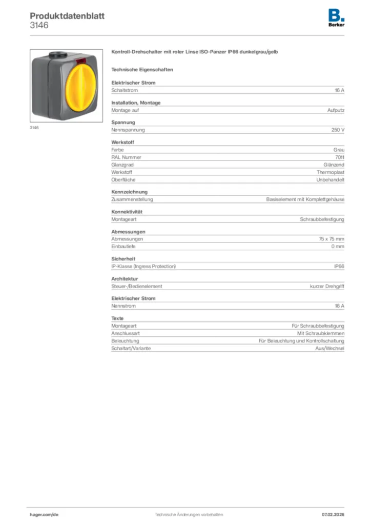 Bild Berker Produktdatenblatt 3146 | Hager Deutschland