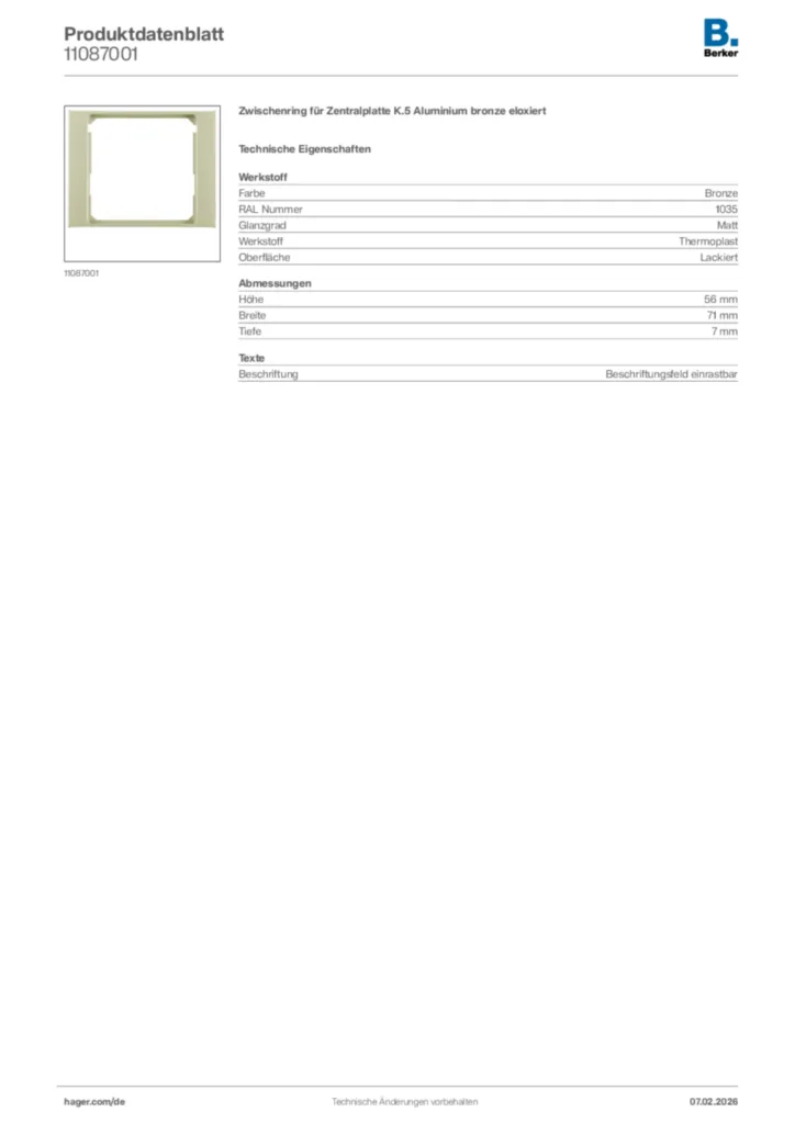 Bild Berker Produktdatenblatt 11087001 | Hager Deutschland