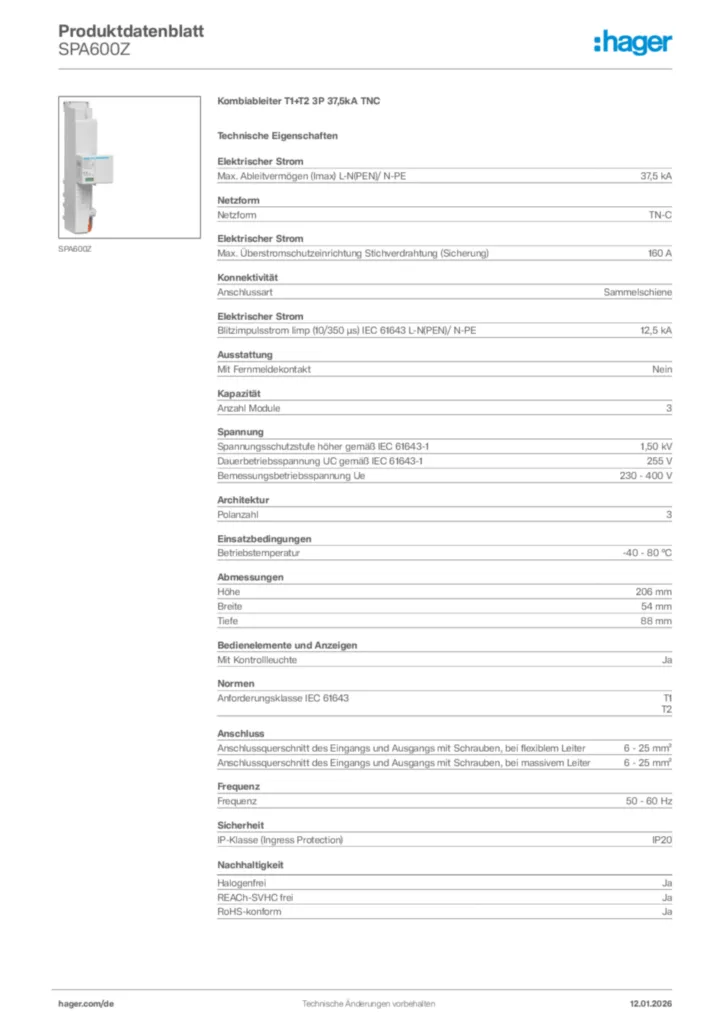 Bild Hager Produktdatenblatt SPA600Z | Hager Deutschland