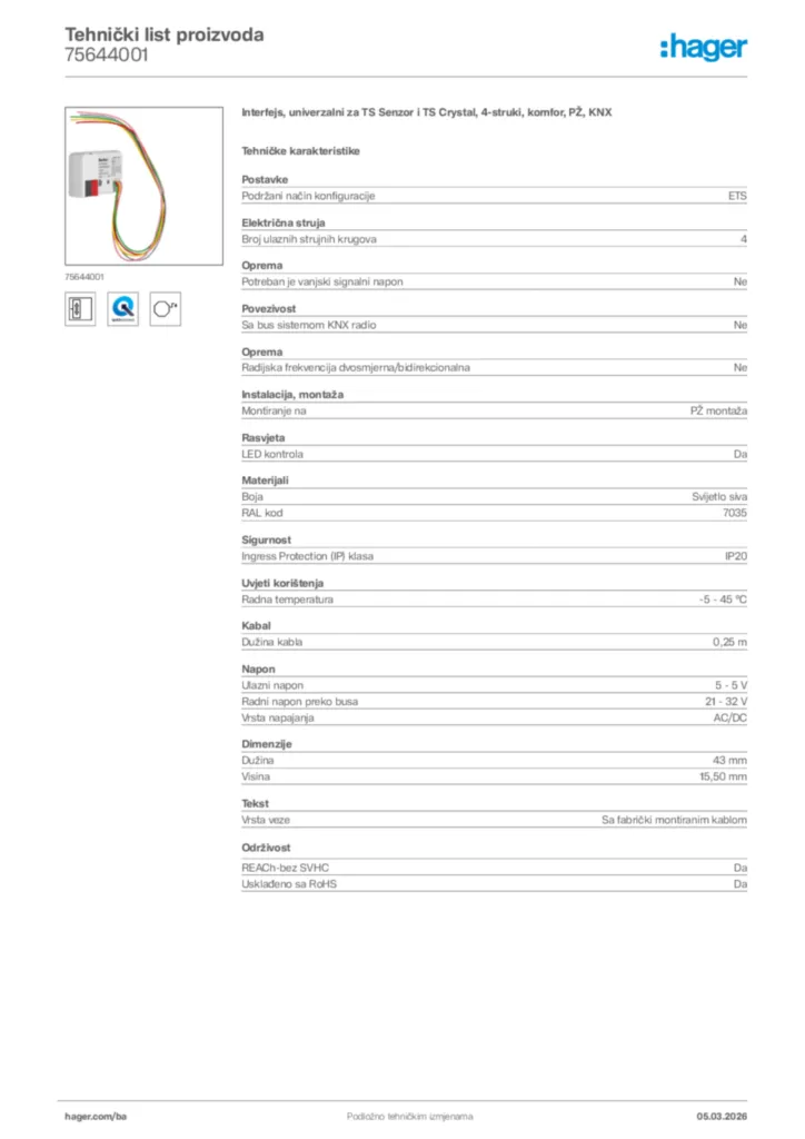 Slika Hager Tehnički list proizvoda 75644001  | Hager