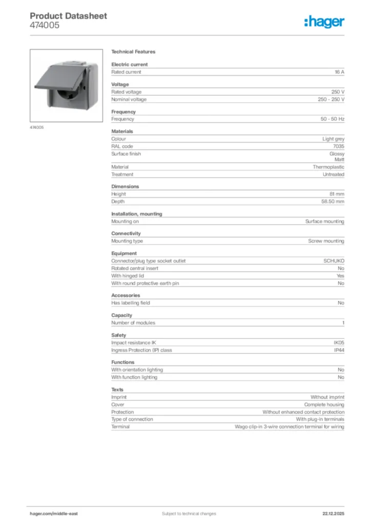 Image Hager Product data sheet 474005  | Hager