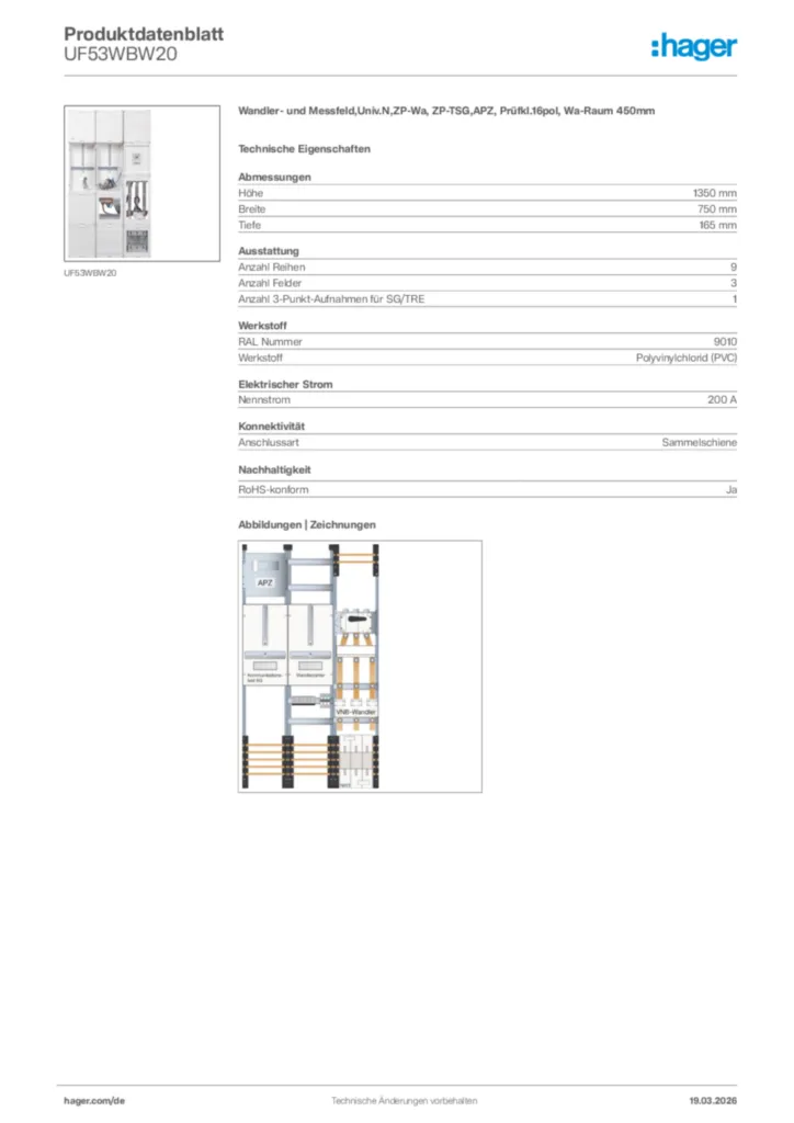 Bild Hager Produktdatenblatt UF53WBW20 | Hager Deutschland