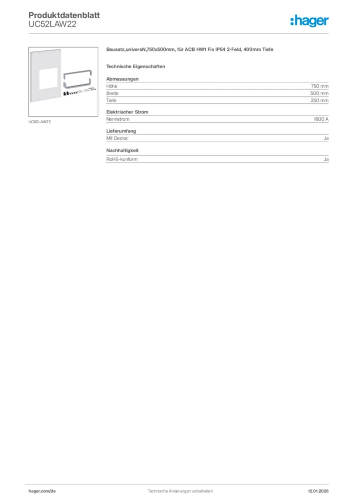 Bild Hager Produktdatenblatt UC52LAW22 | Hager Deutschland