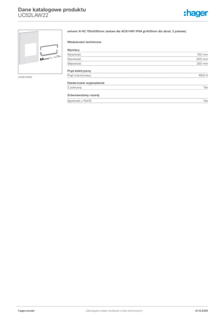 Zdjęcie Hager Dane katalogowe produktu UC52LAW22 | Hager Polska