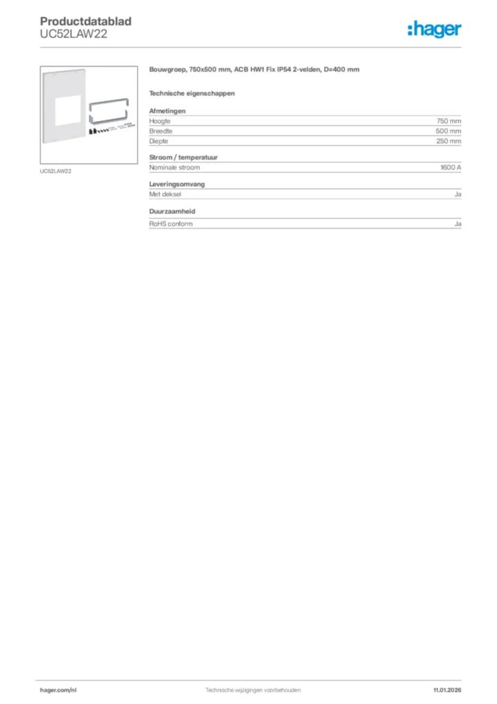 Afbeelding Hager Productdatablad UC52LAW22 | Hager Nederland