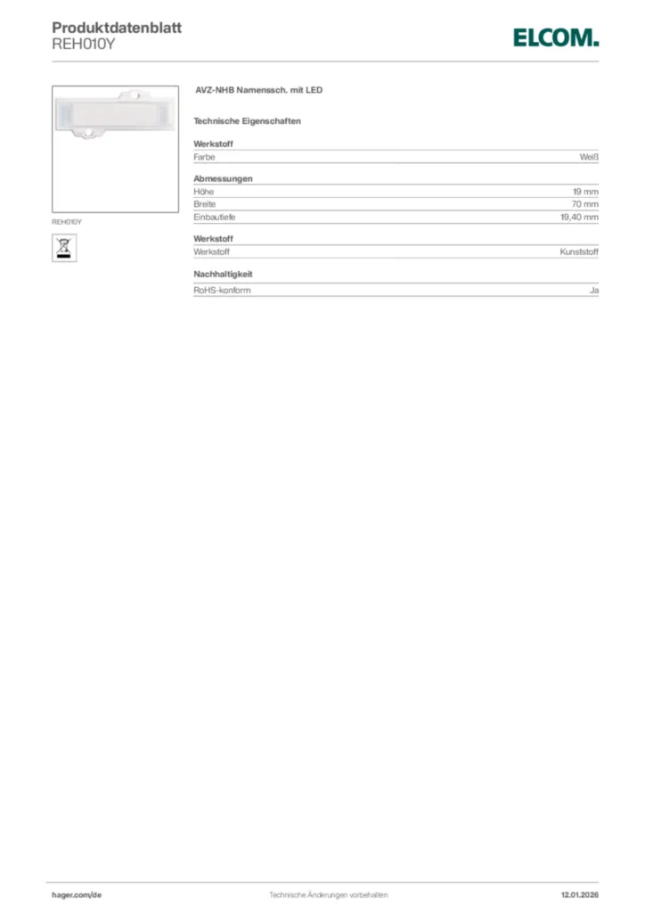 Bild Elcom Produktdatenblatt REH010Y | Hager Deutschland