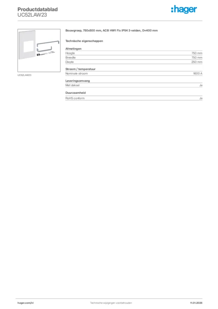 Afbeelding Hager Productdatablad UC52LAW23 | Hager Nederland