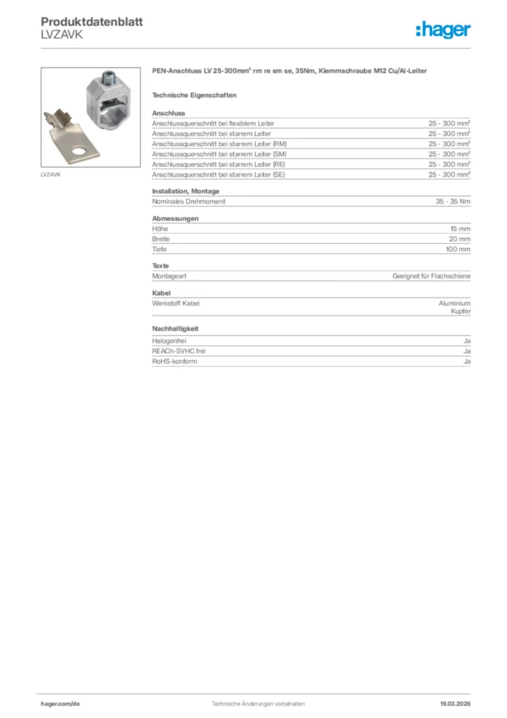 Bild Hager Produktdatenblatt LVZAVK | Hager Deutschland