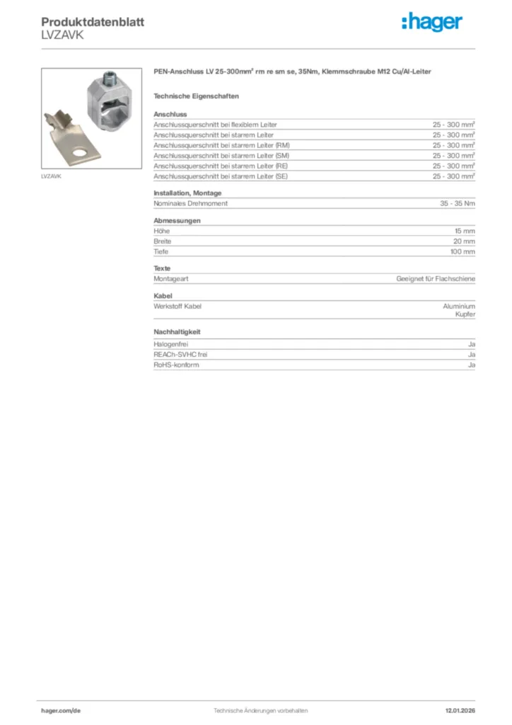 Bild Hager Produktdatenblatt LVZAVK | Hager Deutschland